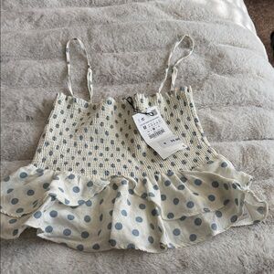 Zara Cream and Blue Polka Dot Tank Top